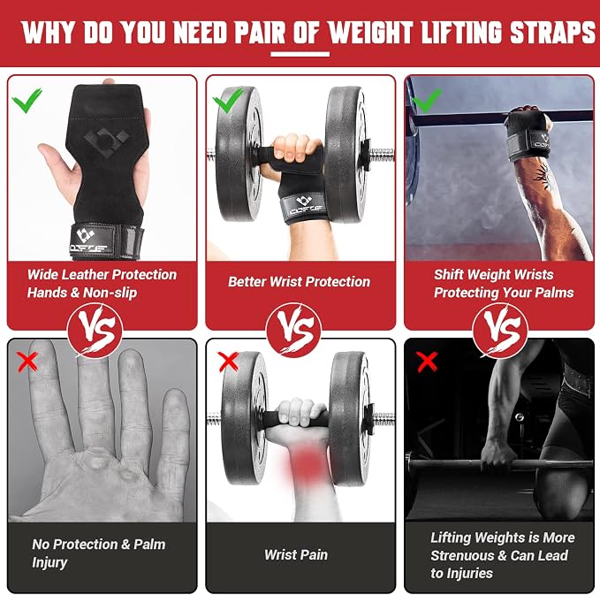 Weight Lifting Wrist Strap, Double-Layer Leather for Deadlift Powerlifting | Gym Strap with Adjustable Neoprene Padded Fit for 6.3–8 Inch Wrist, 8.07-Inch Leather Strap, Gym Workout Lifting Hook (Pair)