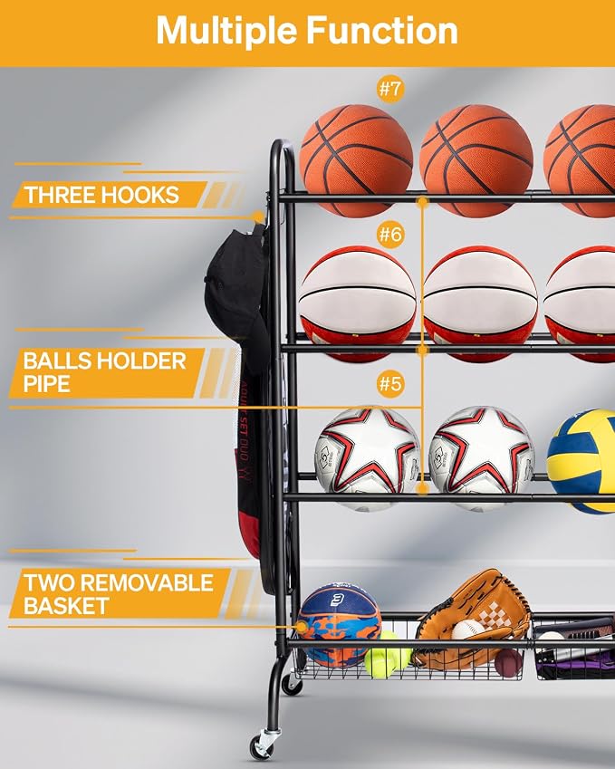EXTCCT Basketball Rack, Rolling Basketball Shooting Training Stand,Sports Equipment Storage with Wheels, Four-Layer Organizer Holder with Two Basket for Basketballs Footballs Volleyball