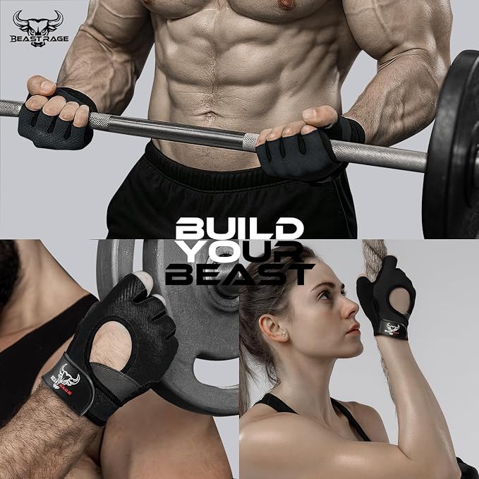BEAST RAGE Fingerless Weight Lifting Gloves with Palm Protection Padding, Breathable Lightweight Gym Gloves for Men, Women, Weightlifting, Cycling, Exercise, Training Pull Up