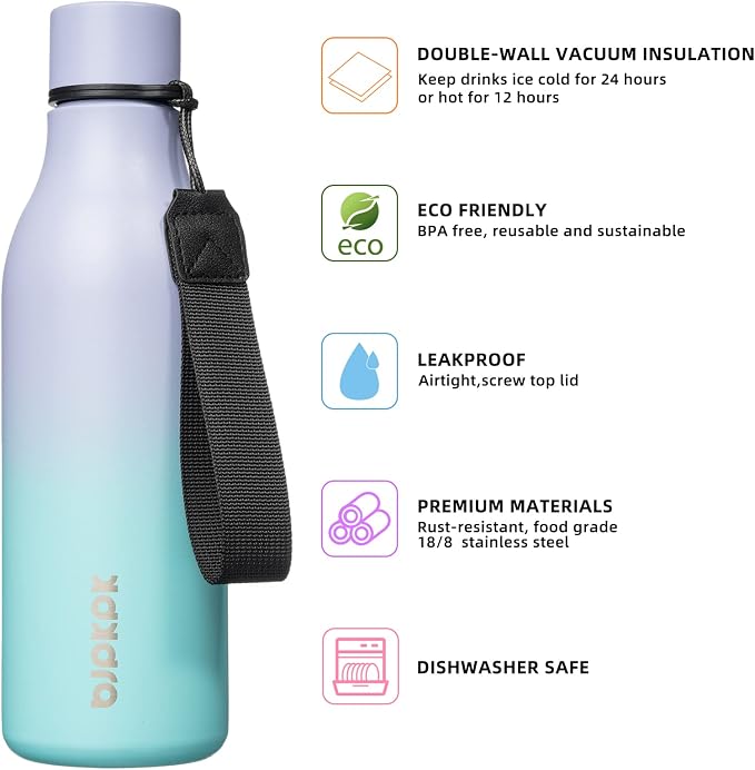 BJPKPK 18oz Insulated Water Bottle, Stainless Steel Bottle with Carry Strap | Keep Cold & Hot Vacuum Insulation, Leak-Proof BPA-Free Design, Slim Bottle Fits Most Cup Holders for Gym, Office & Travel