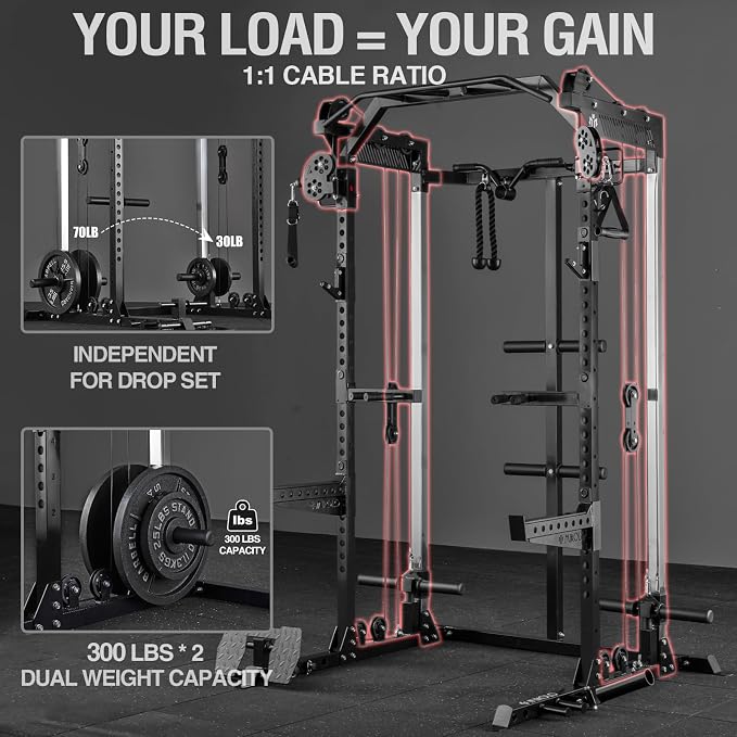 Mikolo Power Cage, 2000LB Power Rack with Independent Dual Pulley System, Multi-Function Home Gym Workout Machine for Cable Crossover and Squat