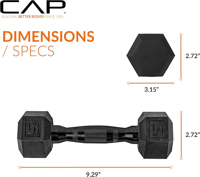 CAP Rubber Coated Dumbbell Weights, Free Weights for Home Gym Strength Training, Anti-Roll Hex Dumbbells with Black, Chrome & Comfort Grip Handles, Pairs & Sets