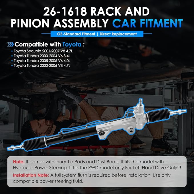 26-1618 Hydraulic Power Steering Rack and Pinion Fit for Toyota Sequoia 2001-2007 Tundra 2000-2006 3.4L 4.0L 4.7L Automotive Replacement Rack & Pinion Assembly 97-1618 442500C050 442500C020