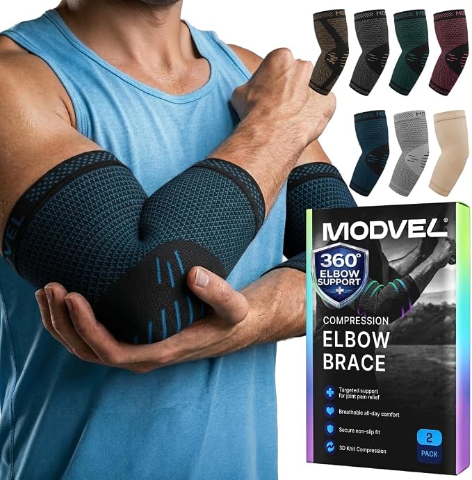 MODVEL [2 Pack Elbow Brace - Compression Support Sleeve for Joint Pain Relief, Recovery, Tendonitis, Tennis & Golfer's Elbow - Workout & Weightlifting Arm Wrap - For Men & Women. (Blue)