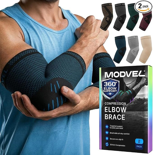 Modvel 2 Pack Elbow Brace for Tendonitis and Tennis Elbow Brace for Women and Men, Elbow Compression Sleeve for Pain Relief and Recovery – Elbow Sleeves Weightlifting Men, Sports & Workout, Arm Brace
