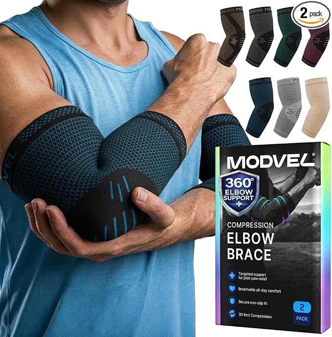 Modvel 2 Pack Elbow Brace for Tendonitis and Tennis Elbow Brace for Women and Men, Elbow Compression Sleeve for Pain Relief and Recovery – Elbow Sleeves Weightlifting Men, Sports & Workout, Arm Brace