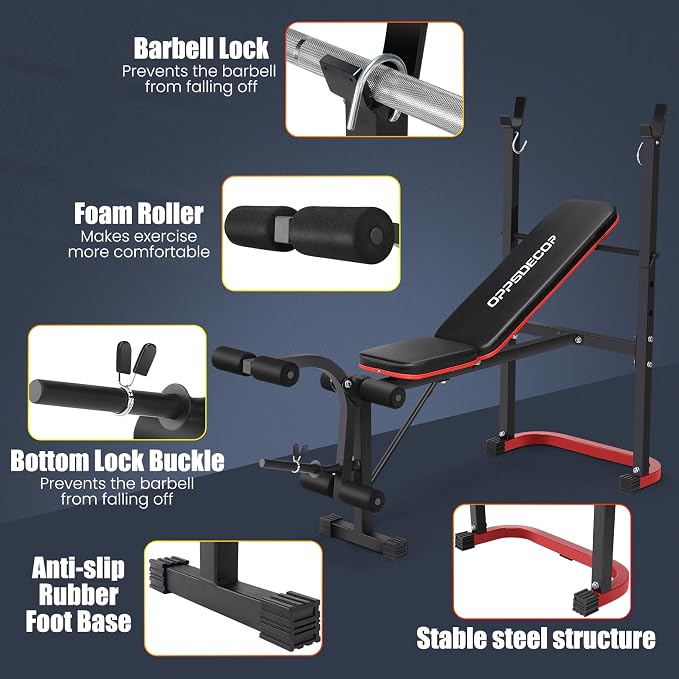 OPPSDECOR 661LBS Weight Bench Set, 8 in 1 Adjustable Bench Press with Squat Rack Leg Extension & Leg Curl Foldable Workout Bench with Safety Bar Catches Standard Weight Training Benches for Home Gym