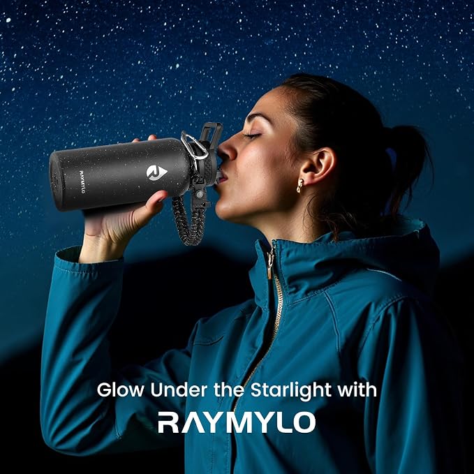 RAYMYLO Insulated Water Bottle 32 oz, Triple Wall Vacuum Stainless Steel | (Cold for 24Hrs, Hot for 12Hrs), Leak Proof & Non-BPA, Modern Water Flask Jug with Paracord Handle & Straw Spout Lids