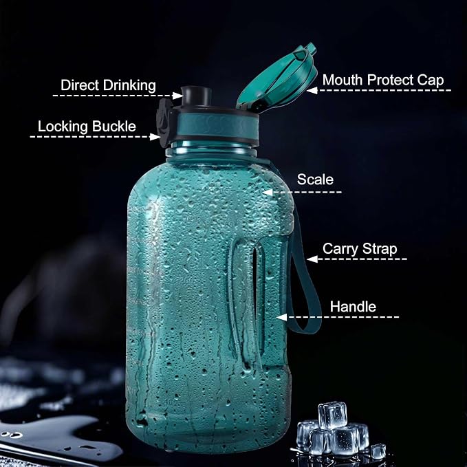 GEMFUL 64oz Motivational Water Bottle 2 Liter Sports Jug for Gym (Cyan) | BPA-Free, 64oz Capacity, Time Marker Tracks Daily Intake, Chug Lid, for Gym, Fitness, Hiking, Sport, Camping, Office, Travel