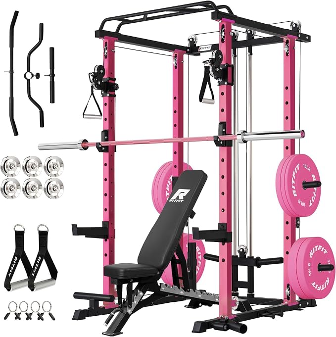 RitFit Power Cage Home Gym Package with Cable Crossover System | 1200LBS Power Rack, Weight Bench, Olympic Barbell & 230LBS Bumper Plates — All-in-One Home Gym