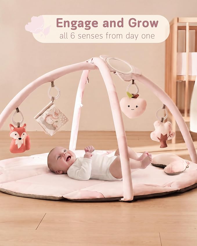 Baby Play Gym & Mat, Tummy Time Mat for Babies 0-12 Months, Pink | Machine-Washable Foldable Activity Mat with 5 Detachable Toys; Certified Safe Newborn Essentials Gift for Baby Registry
