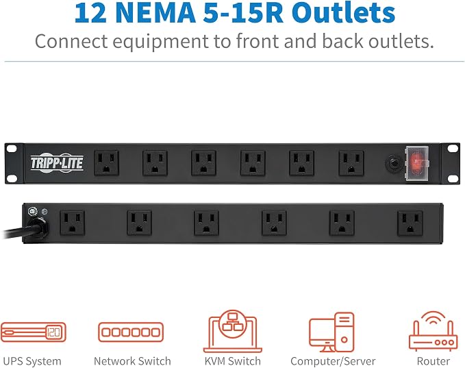Eaton Tripp Lite 12-Outlet 1U Rack Mount Power Strip PDU, Six Front & Six Rear Facing Outlets, 15A, 120V, 15ft Extension Cord with Flat Plug, Rackmount for DJ Equipment and Server Racks (RS1215-RA)