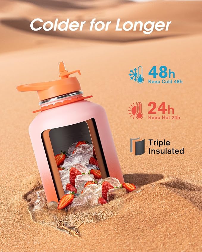 Coolflask Half Gallon Water Bottle Insulated Stainless Steel with Strap | 64 oz Large Water Jug with Straw & Spout Lids,Triple-Wall, Cold 48+h,Dishwasher Safe, Leakproof, BPA-Free,for Gym & Hiking