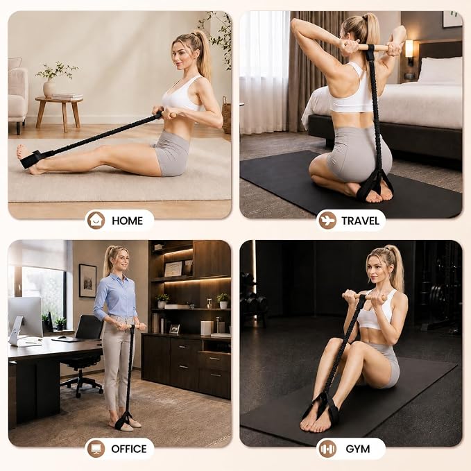 Foot Pedal Resistance Band with Wooden Handles | Sit-Up Exercise Pull Rope for Abs, Arms & Legs, Portable Home Workout Equipment with Soft Foot Loops