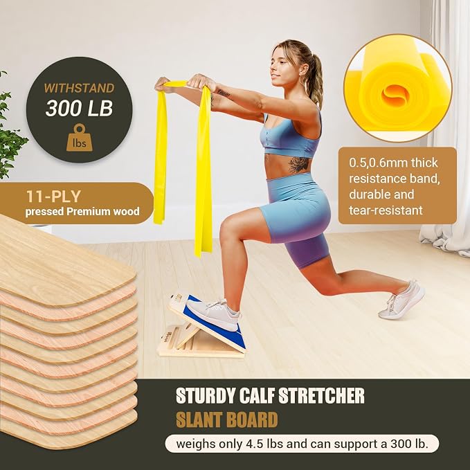Wooden Slant Board for Calf Stretching, Portable Adjustable Calf Stretch Board with Training Poster & Resistance Bands, 300lb Weight Capacity Calf Ankle Achilles Physical Therapy Leg Exercisers