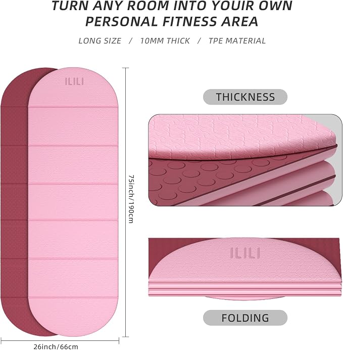 ILILI Foldable Yoga Mat-Semicircular, 10mm Thick, TPE Material, Extra Long 75"L x 26"W, Soft and Comfortable Folding Oval Mat 0.4 Inches, Easy to Carry and Store, 190*66cm Portable Multi-Functional Use for Yoga, Home Exercise & Outdoor
