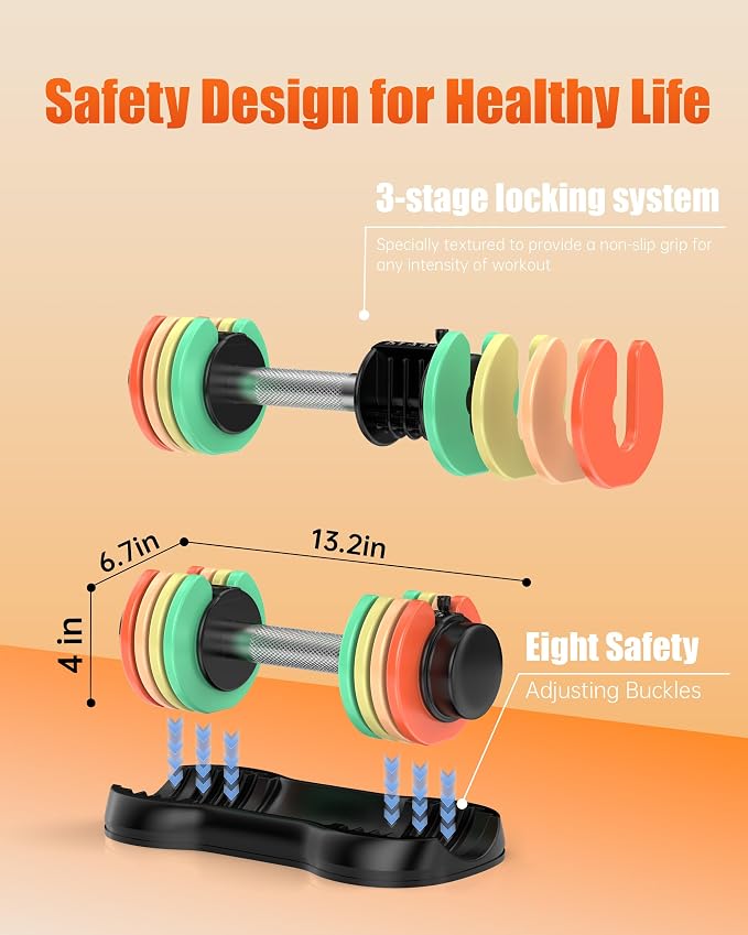 5-IN-1 Adjustable Dumbbell Set, Pair 12.5LB/22.5LB Weight Set for Home Gym | rainbow-colored weight plates, anti-slip handle, suit both men and women, full body home workout