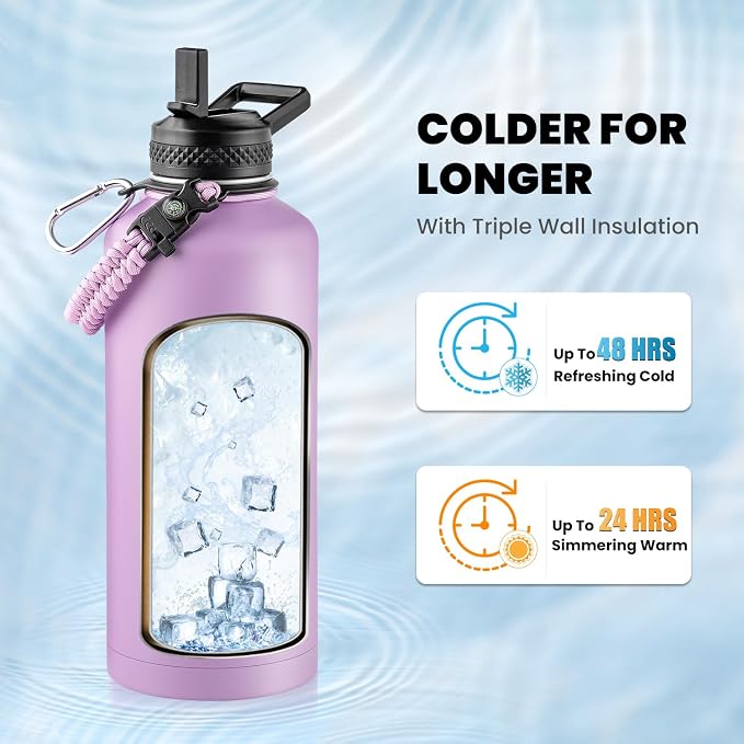 RAYMYLO Insulated Water Bottle 87 oz, Triple Wall Vacuum Stainless Steel | Cold for 48 Hrs), Leak Proof & Non-BPA, Modern Water Flask Jug with Paracord Handle & Straw Spout Lids, Light Purple