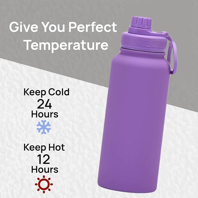 32 oz Insulated Metal Mens Water Bottle | Purple, Stainless Steel, 1 Liter, Leakproof, 2 Lids, Large Sports Water Bottle for Gym,Hiking