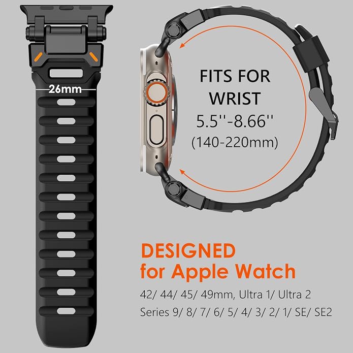 WINGLE FKM Rubber Bands for Apple Watch Band Ultra 3/2/1 Band Ultra 49mm Series 11 10 46mm 45mm 44mm 42mm SE 3/2/1 9 8 7 6 5 4 3 Men, Military Rugged Metal Connector Silicone Apple iWatch Sport Bands