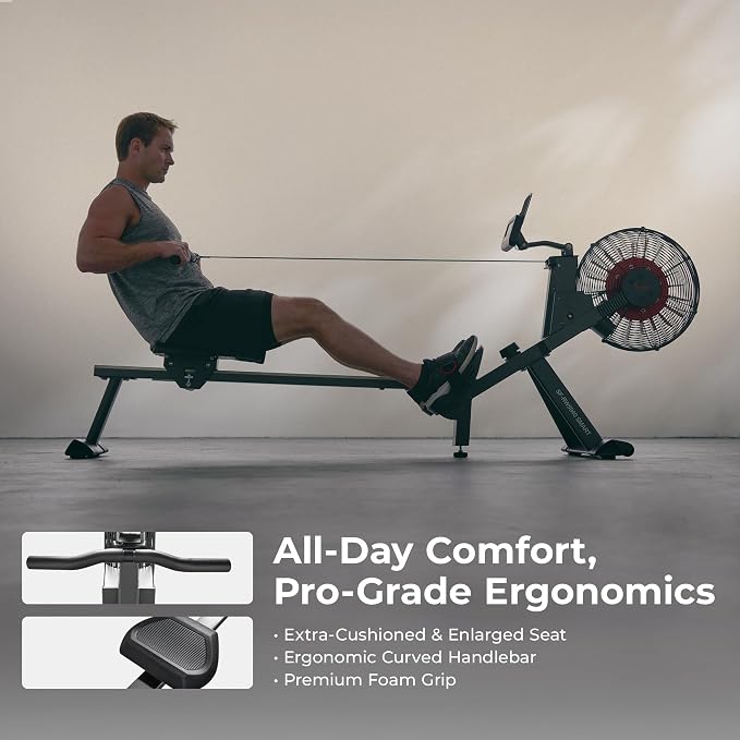 Sunny Health & Fitness Air Rowing Machine, Space-Saving Rower with Long Rail and Upright Storage for Home Gym, Full-Body Cardio Workout, Free SunnyFit Training App