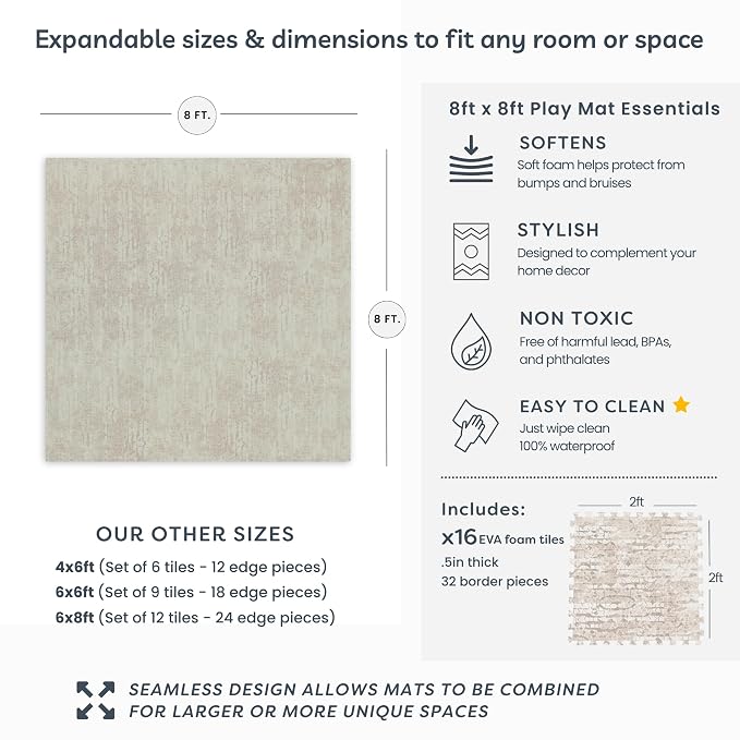 Little Landings Baby Play Mat for Floor - Sandstone (8x8ft) - Premium EVA Foam Play Mat for Babies & Toddlers (Ages 0-5+) Non-Toxic Playmat for Tummy Time, Crawling & Playroom - Stylish & Comfortable