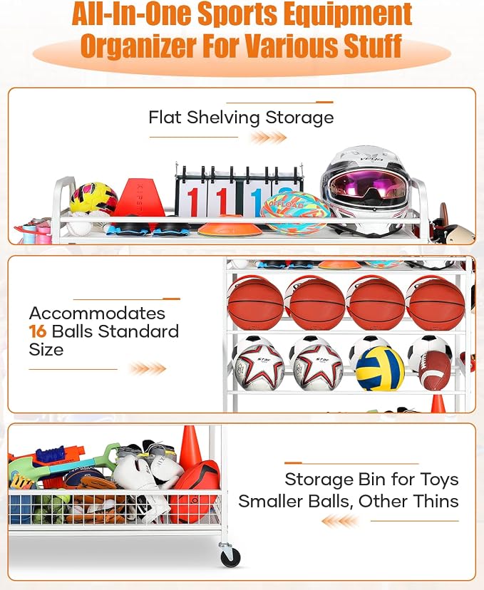 EXTCCT Garage Sports Equipment Organizer - Rolling Ball Storage Bin with Wheels, Garage Sports Gear Rack Outdoor Basketball Racks for Balls with Baseball Bat Holder and Hooks, Toy Organizer(White)