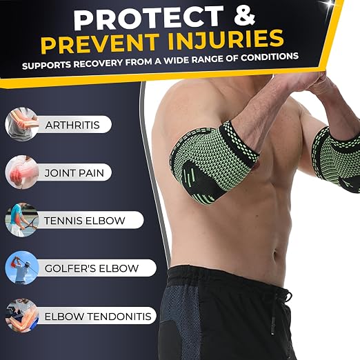 NeoTech Care Elbow Support Brace - Breathable - Men, Women, Right or Left (Green Color, Size L, 1 Pair)