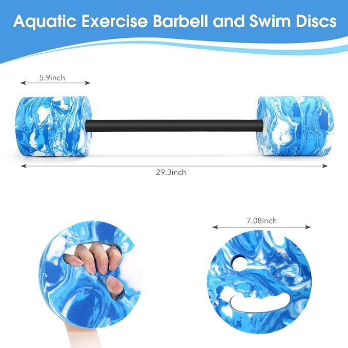 29.3’’Aquatic Exercise Equipment Swim Barbell High Density EVA Foam Pool Swim Dumbbell with Water Exercise Discs Aquatic Fitness Equipment for Adults