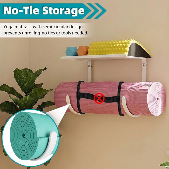 Yoga Mat Holder Wall Mount, No-Tie Mat Storage, Exercise Mat Storage Rack with Top Floating Shelf, Holding Yoga Blocks/Rollers and Pilates Mat, Workout Mat, Home Gym Equipment Accessories
