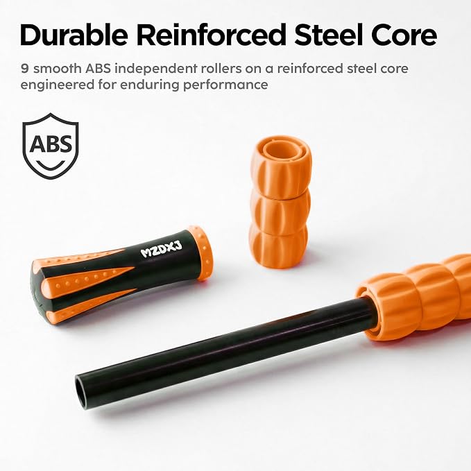 Muscle Roller & Massage Roller Stick for Athletes - Lymphatic Drainage Support, Relieves Muscle Soreness, Cramping & Tightness - Targets Legs, Arms, Back & Calves （Orange Wheel）