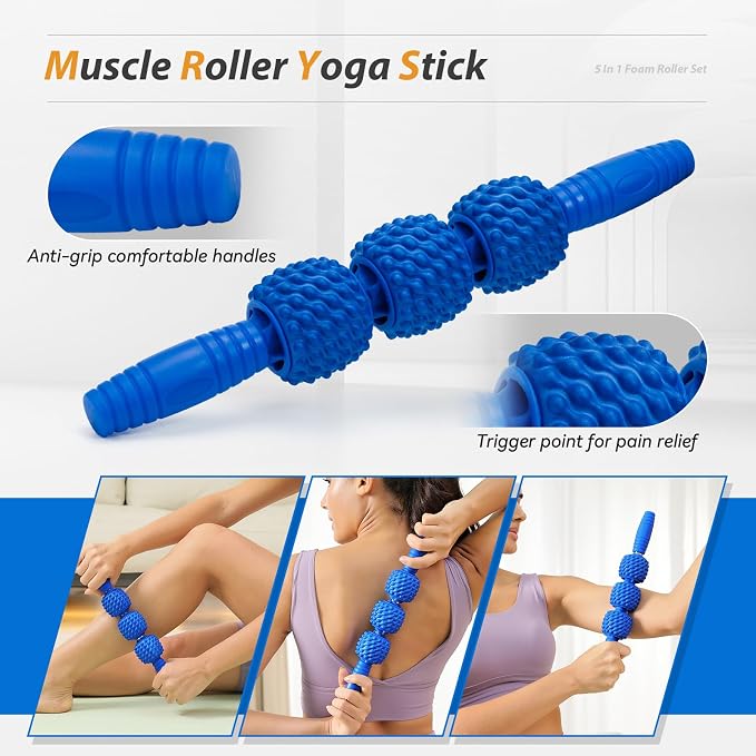 SUBCULTUREPICK 5 in 1 Foam Roller Set High Density Deep Tissue Massager | Trigger Point Massage Roller for Muscle Massage, Massage Ball, Resistance Band for Whole Body Physical Therapy Pure Blue