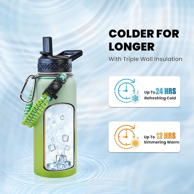 RAYMYLO Insulated Water Bottle 32 oz, Triple Wall Vacuum Stainless Steel | (Cold for 24Hrs, Hot for 12Hrs), Leak Proof & Non-BPA, Modern Water Flask Jug with Paracord Handle & Straw Spout Lids