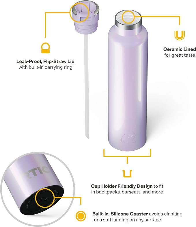 RTIC 26oz Journey Water Bottle, Ceramic Lined, Lavender Glitter | Stainless Steel Metal, Insulated for Hot and Cold Drinks, Sports, Travel and Camping