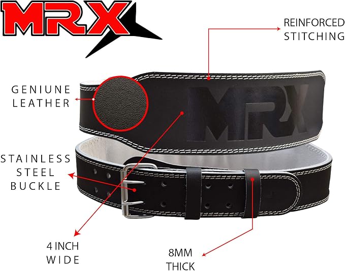 MRX Weight Lifting Belt Genuine Leather - 4 Inches Wide 8mm Thick Padded Lumbar Back Support Double Prong Powerlifting Belts Heavy Duty Deadlifts Workout Squats & Exercise Belt for Men & Women