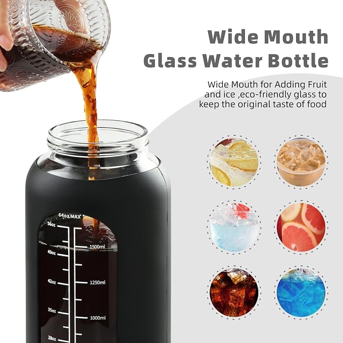 42 oz Glass Water Bottle with 2-in-1 Straw Lid Large Half Gallon Water Bottle with Time Marker & Removable Silicone Sleeve,Wide Mouth BPA-Free Borosilicate Bottle for Gym, Workout & Daily Use