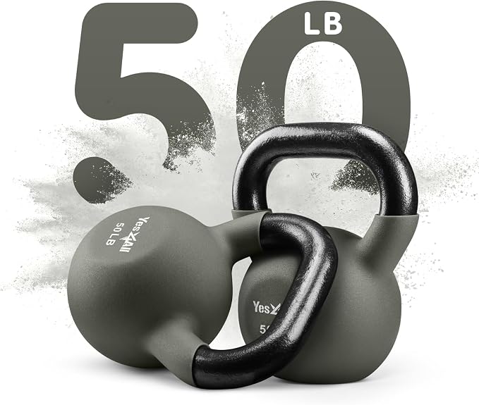 Yes4All Kettlebell, 5-65 LB Neoprene Coated Cast Iron Kettlebells, Wide Grip Handle & Flat Bottom for Swings, Squats, Deadlifts, Push Ups & Full Body Training at Home Gym - Single & Set
