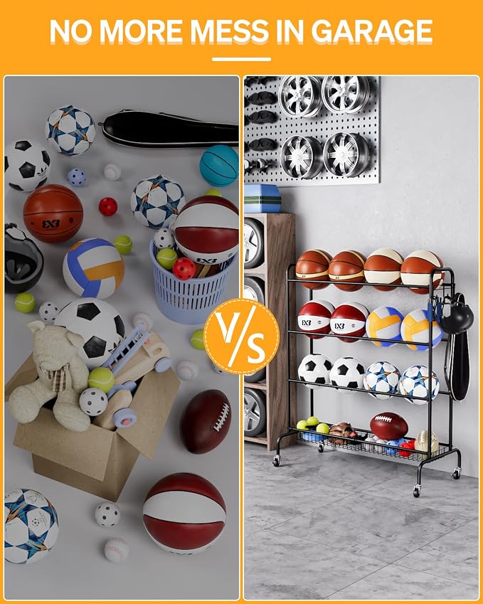 EXTCCT Basketball Rack, Rolling Basketball Shooting Training Stand,Sports Equipment Storage with Wheels, Four-Layer Organizer Holder with Two Basket for Basketballs Footballs Volleyball