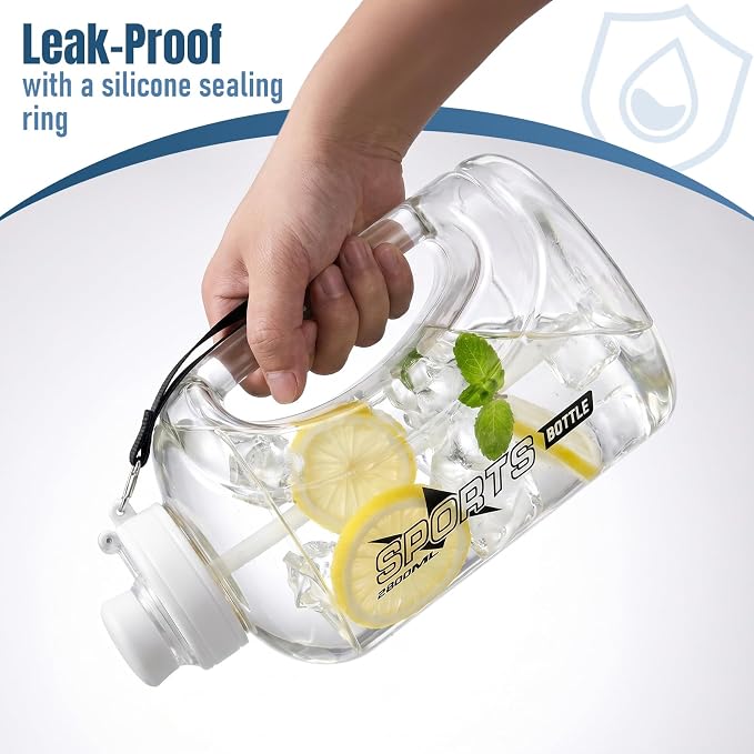 Doseno Gallon Water Bottle, 95 oz Sports Water Jug With Straw and Strap | White 2.8 L large water bottle has a measuring scale and portable handle for daily drinking, gym sessions and outdoor use.