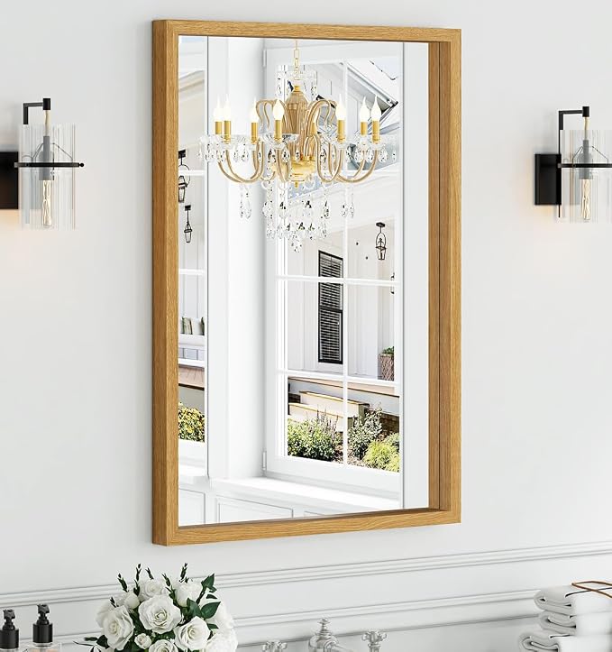 Syndra Natural Wood Frame Bathroom Mirror, 24x36'' Modern Vanity Mirror for Wall, Waterproof Slim Deep Frame, Rectangular HD Tempered Glass Mirror for Living Room, Bedroom, Entryway, Rustic, Farmhouse