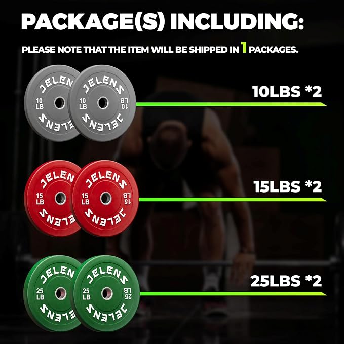 JELENS Olympic Barbell Weight Plates Set, 2-Inch Black/Colored Rubber Bumper Plate Weight Set for Strength Training and Weightlifting, Multiple Options