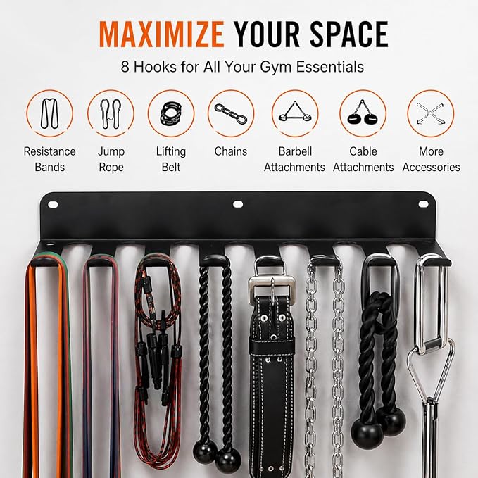 Gym Equipment Storage Rack - Multi-Purpose Home Gym Organization Storage Wall Mount for Resistance Bands, Jump Ropes, Lifting Belt, Chains, Barbells (16" / 8 Prongs)
