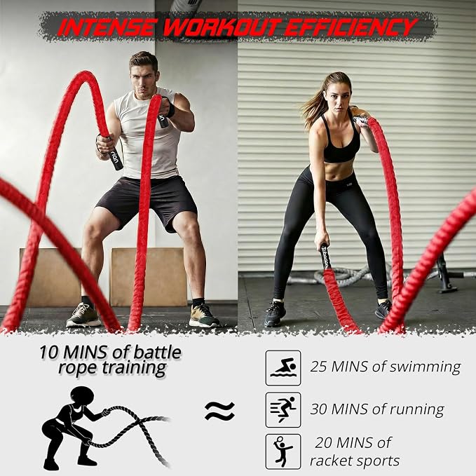 Battle Rope for Home Gym Workout - 1.5 Inch 30ft Heavy Weighted Training Exercise Ropes Fitness Equipment with Sleeve and Anchor Strap Kit for Outdoor Working Out - Red