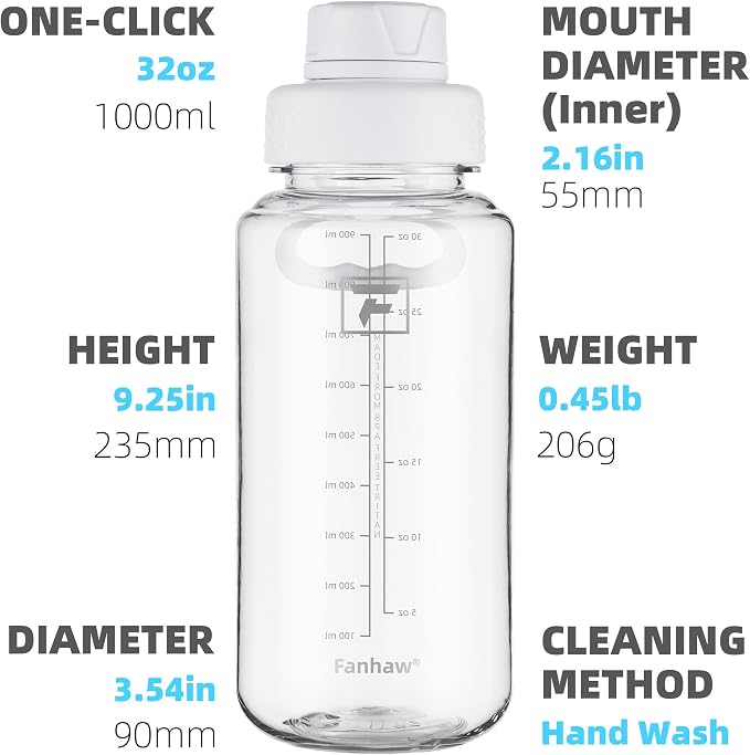 Fanhaw 32 oz Clear BPA-Free Tritan Water Bottle with Fast-Flow Spout Lid, BPA-Free & Leak-Proof Wide-Mouth Reusable Bottle for Gym, School & Office, Back to School Essentials (Clear&White)
