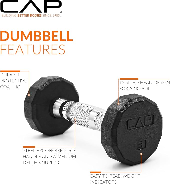 CAP Rubber Coated Dumbbell Weights, Free Weights for Home Gym Strength Training, Anti-Roll Hex Dumbbells with Black, Chrome & Comfort Grip Handles, Singles