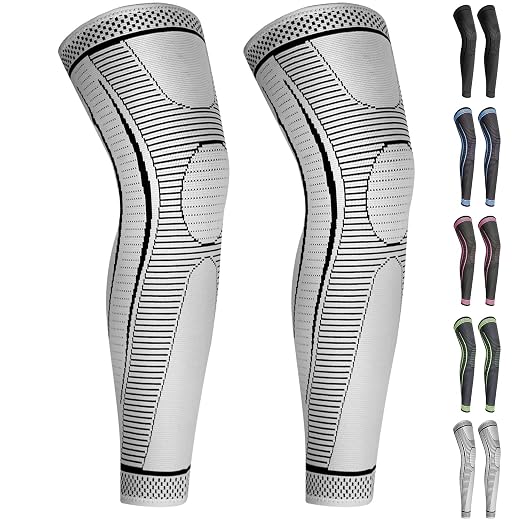 2 Pack Full Leg Compression Sleeves, Long Knee Brace Support for ACL,PCL, Meniscus Tear, Arthritis, Tendinitis,Men And Women (Gray, Medium)