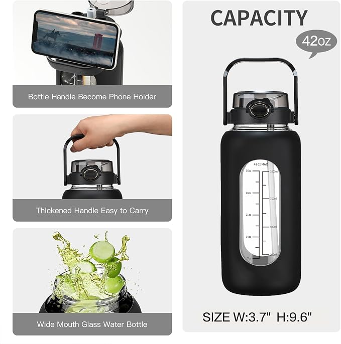 chunmo 42oz/52oz/64oz Glass Water Bolttles with Straw Half Gallon Large Motivational Water Bottle with Time Marker Sports Water Bottles with Silicone Sleeve and Handle Lid Water Jug for Gym Workout