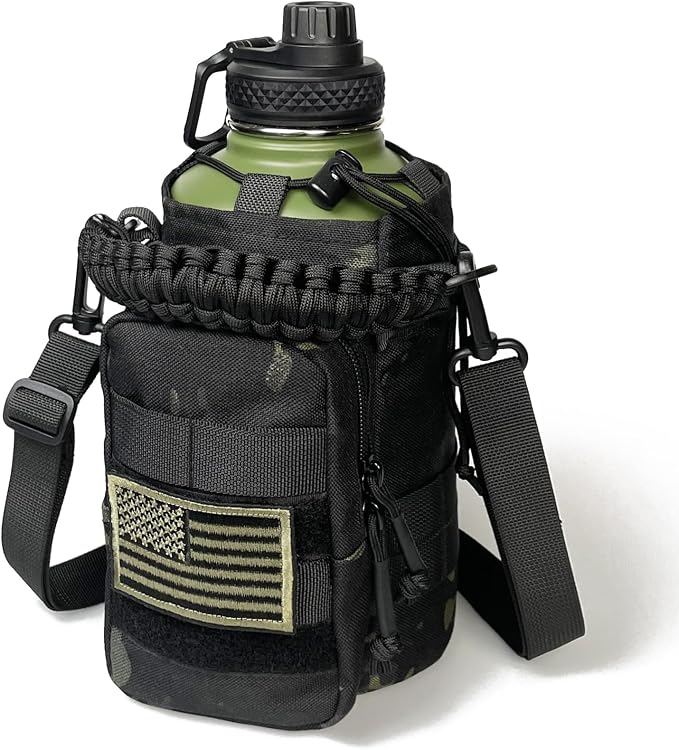 DEFUNX 64 Oz Water Bottle with Sleeve - Military Green Half Gallon Insulated Water Jug with Handle - Stainless Steel Sports Bottle for Gym Workout Hiking Camo Black Pouch
