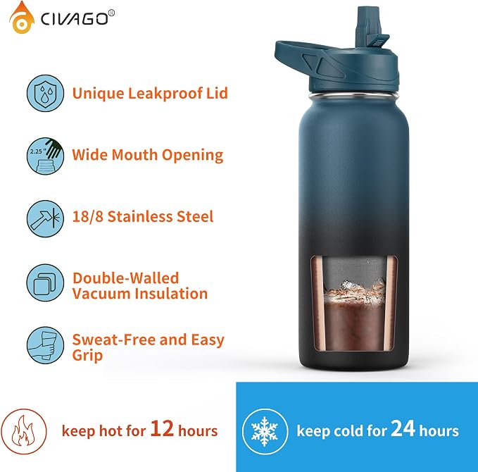 CIVAGO 40 oz Insulated Water Bottle With Straw, Stainless Steel Sports Water Cup Flask with 3 Lids (Straw, Spout and Handle Lid), Double Walled Travel Thermal Canteen Mug, Dark Night
