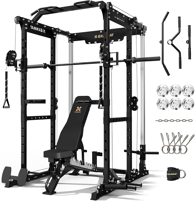 Gxmmat X6 Power Cage, 2200LB Multi-Function Power Rack with Independent Dual Aluminum Pulley System, Squat Rack for Home Gym Strength Training Equipment, Weight Garage Cage with More Attachments